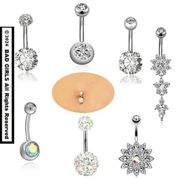 7-Piece Stainless Steel Zircon Silver Navel Ring Set - Picture 1 of 9